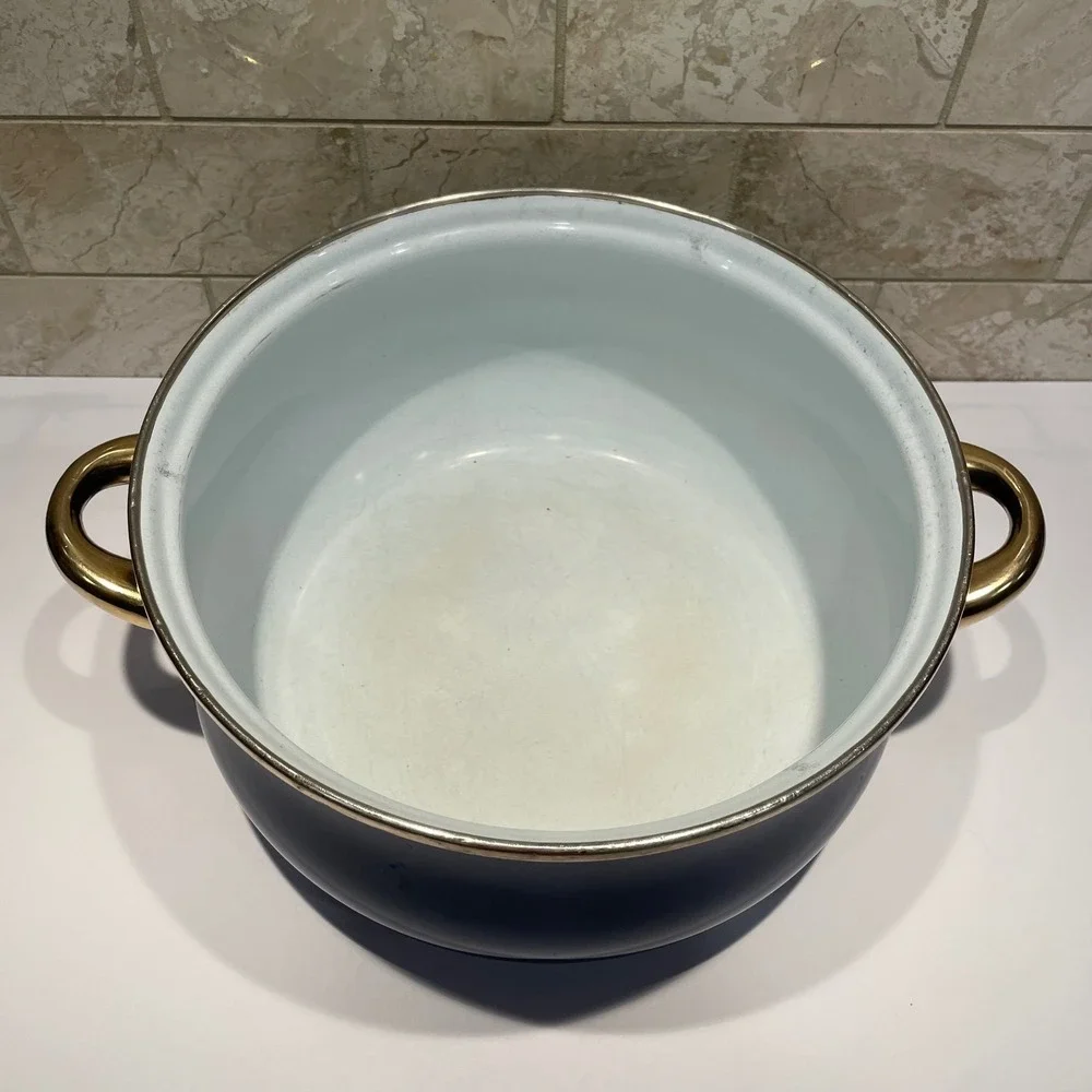 Vintage Cobalt Blue Enamel Stock Pot Gold Handles‎ Dutch Oven with Lid 10 Inch